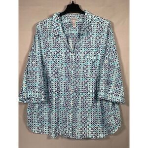 Catherines Womens 5X 34/36W Blue Geometric Cotton 3/4 Sleeve Button Down Blouse